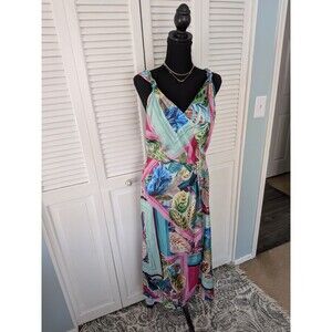 ZARA Satin Dress Womens XL Multicolored Tropical Hawaiian Midi Vneck Strappy NEW